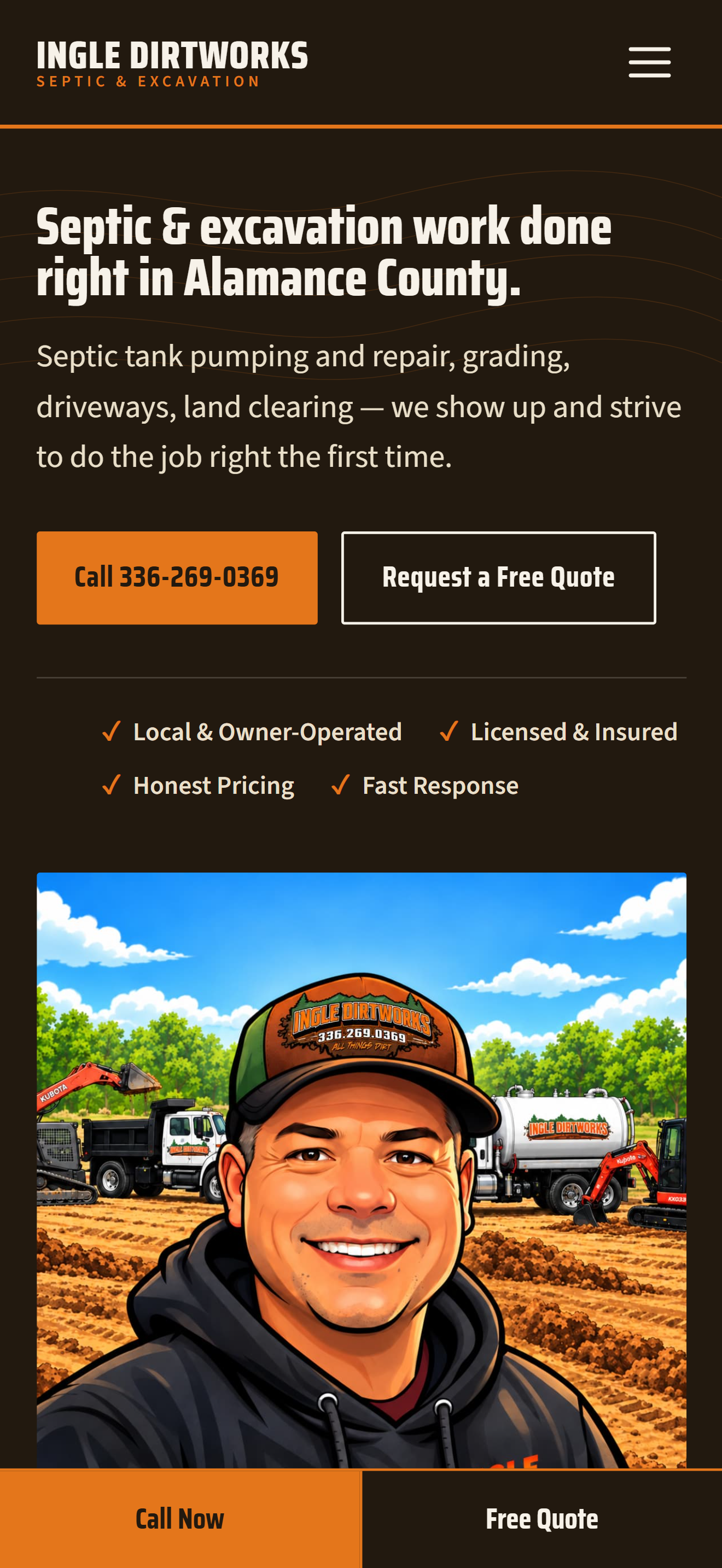 Mobile view of the Ingle Dirtworks website